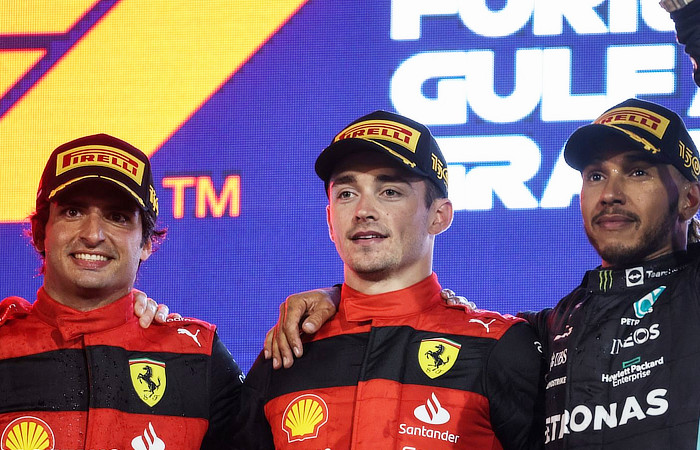 2022 Bahrain Grand Prix - Podium - Sainz, Leclerc, Hamilton