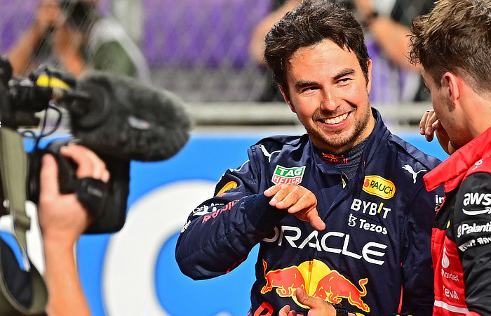 Sergio Perez all smiles after claiming pole position for the 2022 Saudi Arabian GP