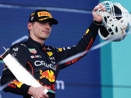 Miami Vice Grand Prix 2022 - Max Verstappen holds aloft the winners trophy