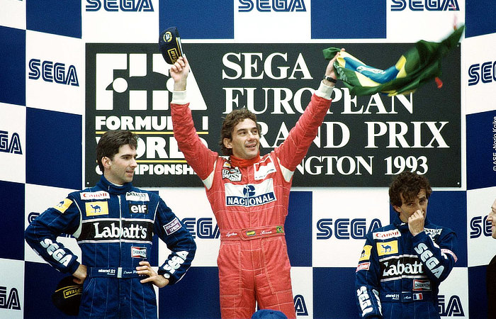 Senna on the podium at the 1993 European Grand prix