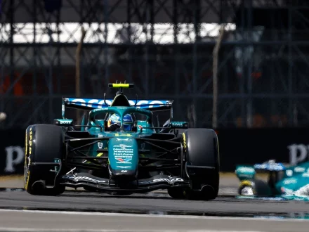 Fernando Alosno driving the Aston Martin AMR26 at the 2026 British Grand Prix