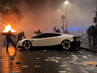Paris rioters attack the new Tesla Roadster