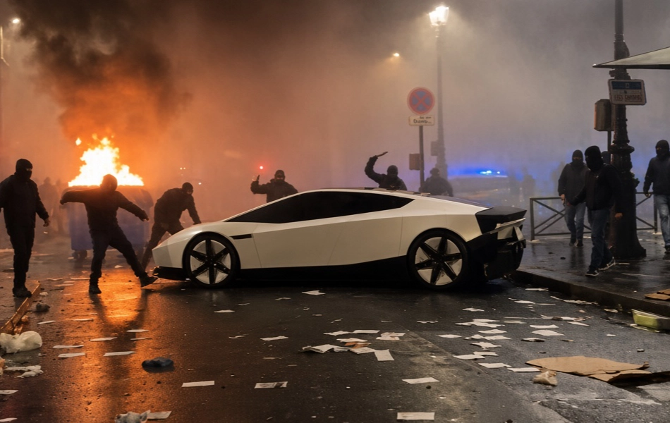 Paris rioters attack the new Tesla Roadster